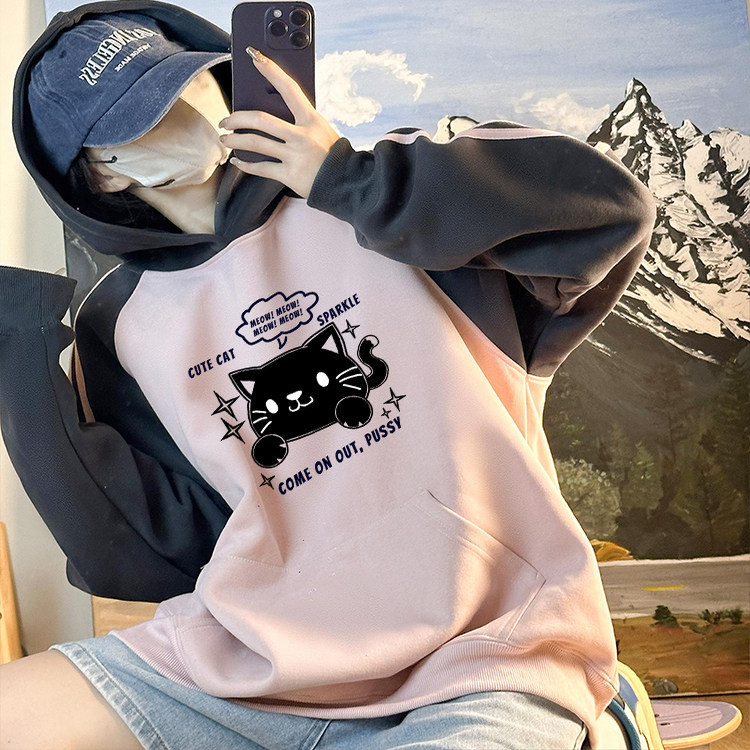 新款潮牌男女情侣美式撞色拼接插肩三条杠连帽卫衣宽松连帽衫上衣
