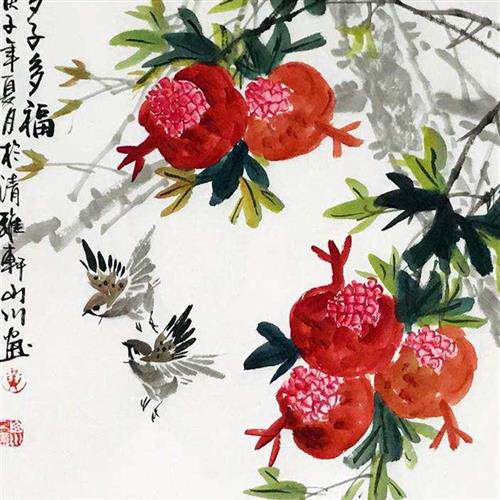 黄山川真迹手绘石榴画花鸟写意国画斗方笑口常开玄关餐厅卧室装.
