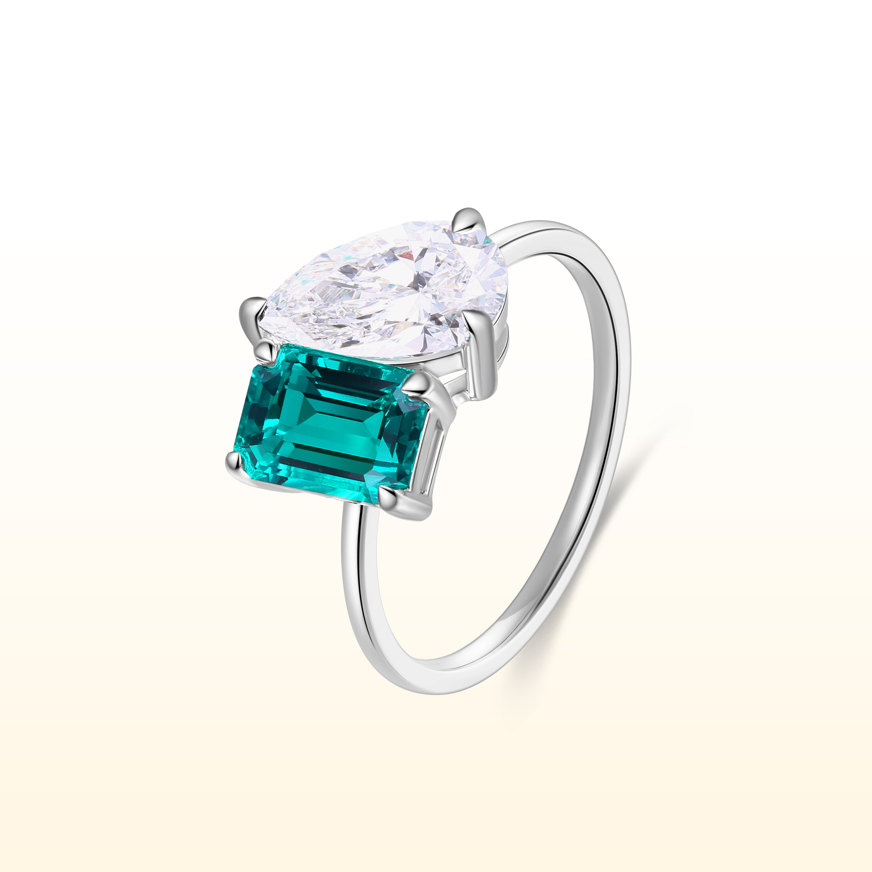 蒂芙星钻铂金PT950培育钻石戒指小众18K金祖母绿宝石配水滴双石款