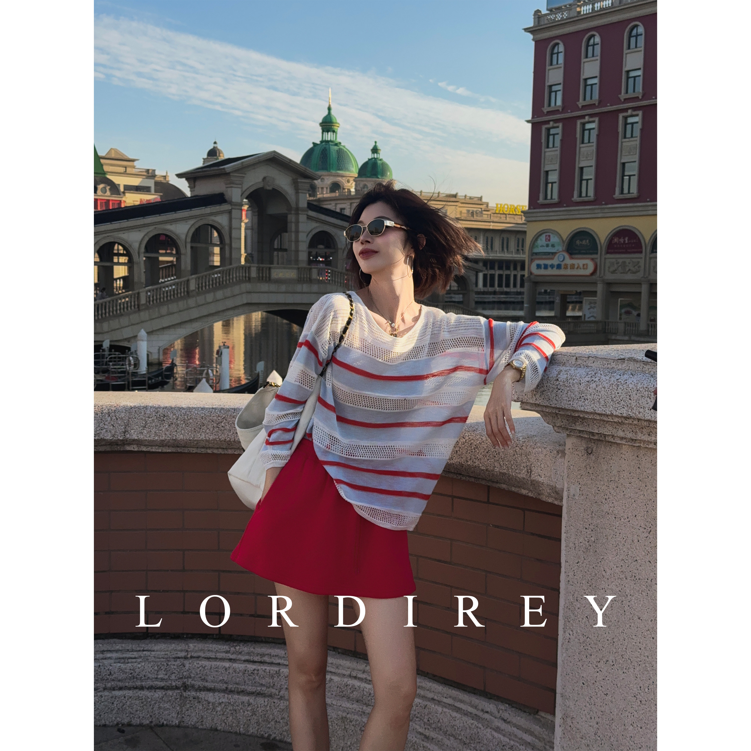 LORDIREY/【晴光】红白条纹镂空薄针织圆领宽松遮肉显瘦长袖外搭