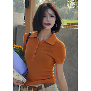 蛋哥LORDIREY【暖柚】橙色短袖t恤女设计感POLO衫高端小资小上衣