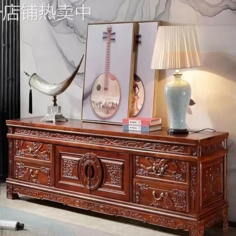 香樟木电视柜 客厅组合中式雕花伸缩地柜古典实木电视柜