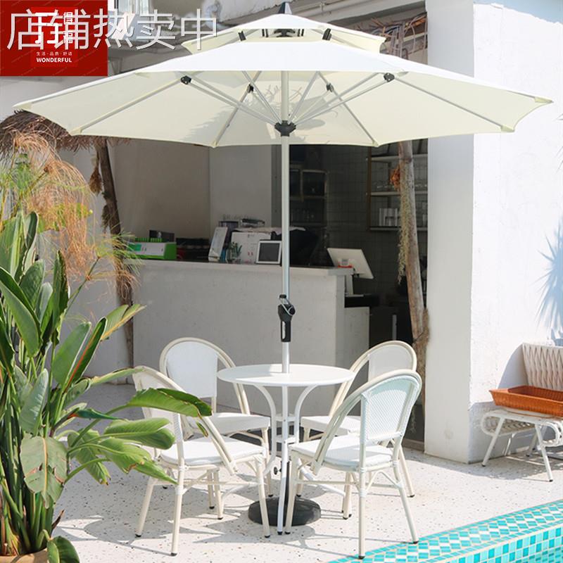 白色户外休闲桌椅伞组合咖啡厅露台休闲阳台小茶几奶茶店外摆桌椅