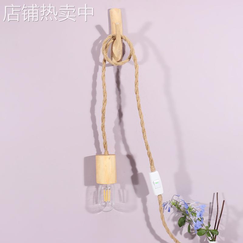 创意原木小吊灯卧室床头灯北欧实木复古民宿吸顶灯吧台麻绳吸顶灯