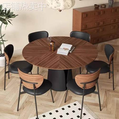 古风木餐桌圆桌家用小户型法式复古风饭桌黑胡桃木圆形餐桌椅