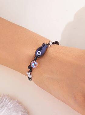 欧美跨境简约时尚卡通陶瓷鱼彩色米珠编织手链女手工编织黑色手绳