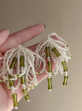 早春法式复古竹节流苏白色串珠耳环新中式国风小清新耳钉耳夹女