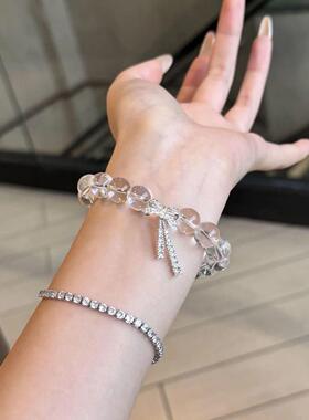 轻奢冰透感10mm白色串珠蝴蝶结飘带手串女冰凉甜美手链送女友礼物