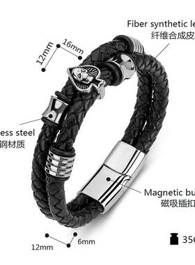 【新款上市】男士皮手链不锈钢扑克红桃K骷髅双绳高端皮手镯饰品