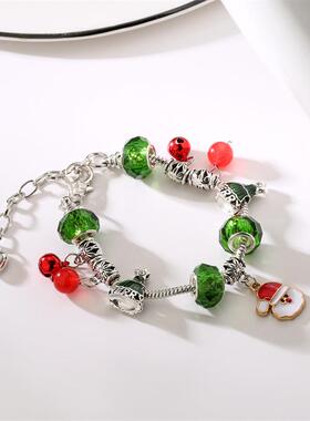 厂家现货欧美流行锌合金电镀滴油圣诞老人水晶铃铛圣诞节手链手串