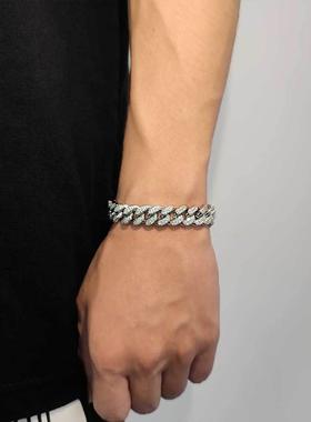 亚马逊跨境欧美热卖12mm双排锆石嘻哈手链弹簧珠宝扣加密古巴手链