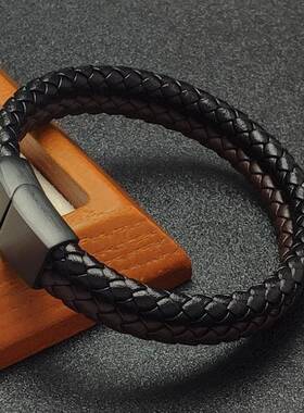 【新款】黑色磨砂钛钢扣拼色双皮绳男女士手链另类编织皮革手镯