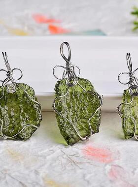 绕丝包边陨石吊坠捷克陨石吊坠原石绿陨石饰品项链精美水晶