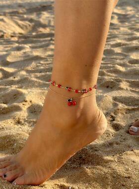 跨境小清新红色樱桃水晶项链手链脚链套装百搭多巴胺小众饰品女