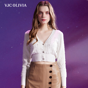 收腰休闲针织衫 女装 白色V领长袖 短款 OLIVIA2024春夏法式 新款 VJC
