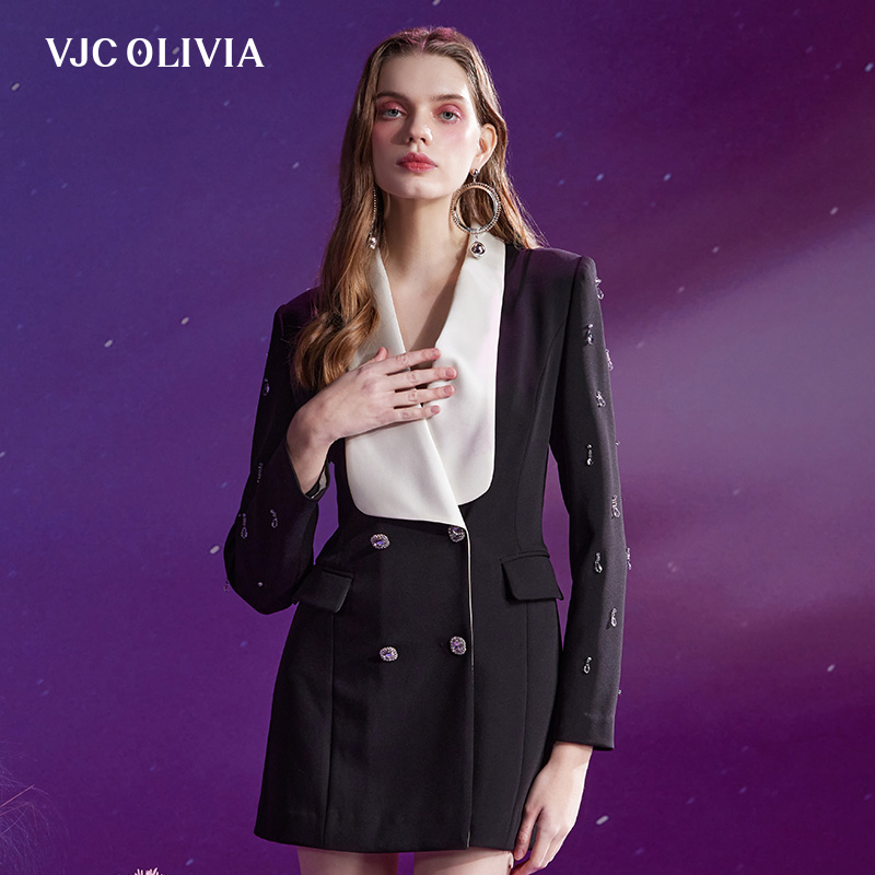 VJC OLIVIA2024春夏法式西装裙撞色轻商务V领通勤连衣裙女装新款 女装/女士精品 连衣裙 原图主图