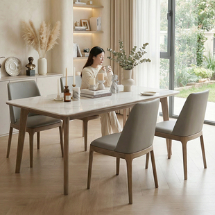 芬尼特北欧实木白蜡木岩板餐桌椅组合现代简约胡桃色小户型饭桌子