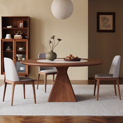 中古风实木圆形岩板餐桌内嵌转盘家用圆桌大户型白蜡木餐厅吃饭桌