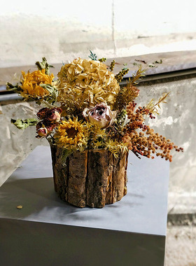 陶瓷篮子树皮桶花瓶复古文艺玫瑰风干花花束套装水晶草向日葵真花