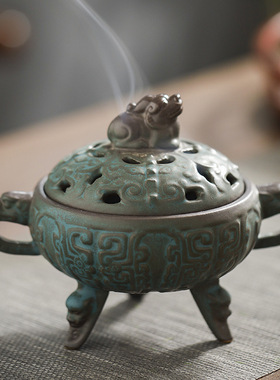 陶瓷香炉 仿古青铜纹家用盘香檀香炉中式禅意家居装饰摆件香薰炉