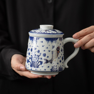 青花莲莲有鱼办公杯高档陶瓷茶水分离泡茶杯带盖过滤水杯礼品礼盒
