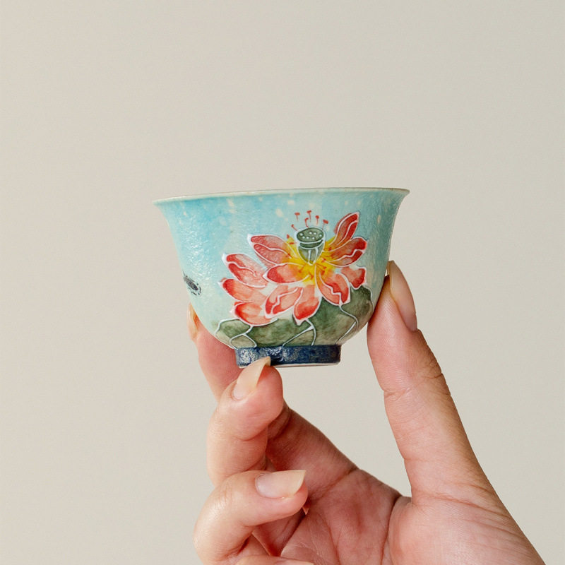 焦糖釉手绘蓝汀粉莲茶杯陶瓷功夫茶具有田烧精致品茗杯家用喝茶杯