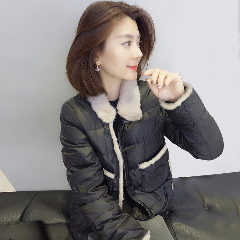 撞色减龄羊羔毛翻领短款棉服女黑色休闲外套秋冬季新款2025欧洲站
