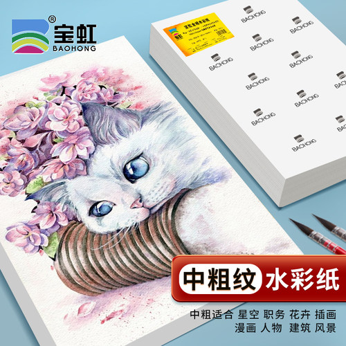 中粗纹水彩纸宝虹全棉水彩纸300g4k8k16k棉浆水彩画纸美术生水溶彩铅油画棒纸全开半开细中粗纹2k水彩纸200g
