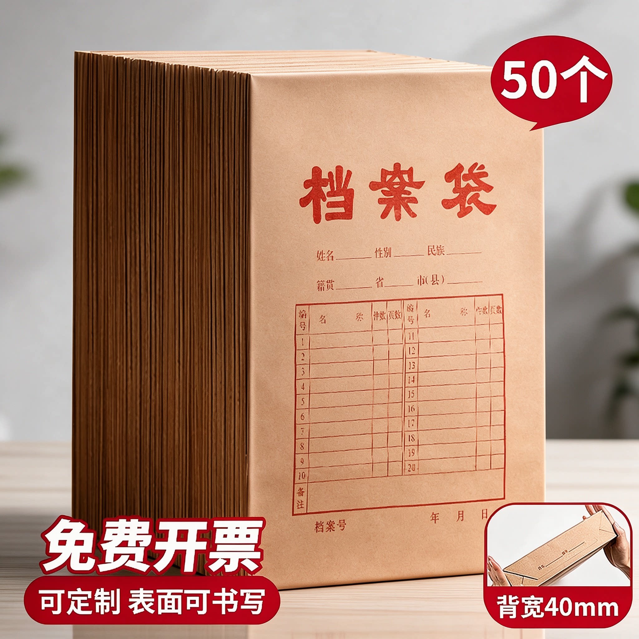 50个档案袋牛皮纸a4文件袋加厚进口无酸木浆纸质文件袋资料袋a3大容量合同收纳办公用品可定制订做印刷logo