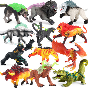 儿童仿真神话动物魔兽恐龙模型玩具火狮子冰剑齿虎暗影狼飞龙魔人