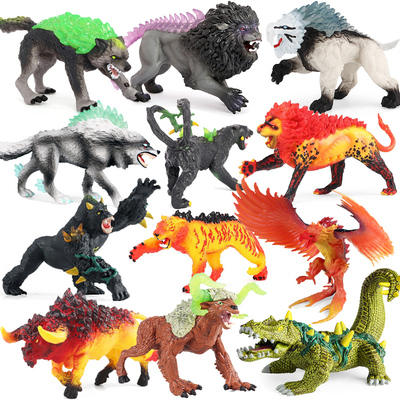 儿童仿真神话动物魔兽恐龙模型玩具火狮子冰剑齿虎暗影狼飞龙魔人