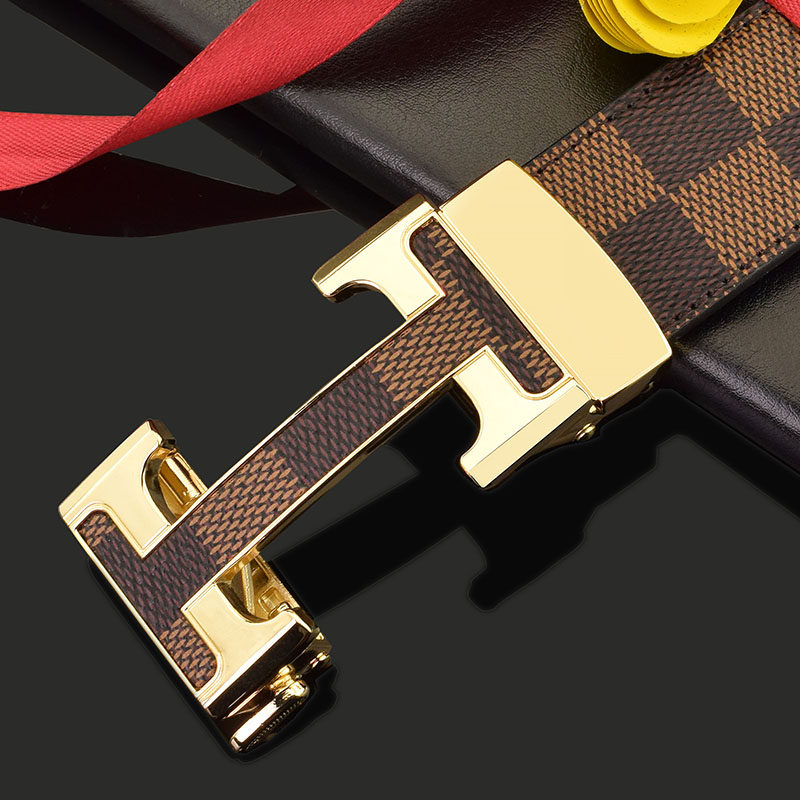 2026新款皮带男士奢侈品潮流腰带男真皮自动扣格纹棕色小西装裤带