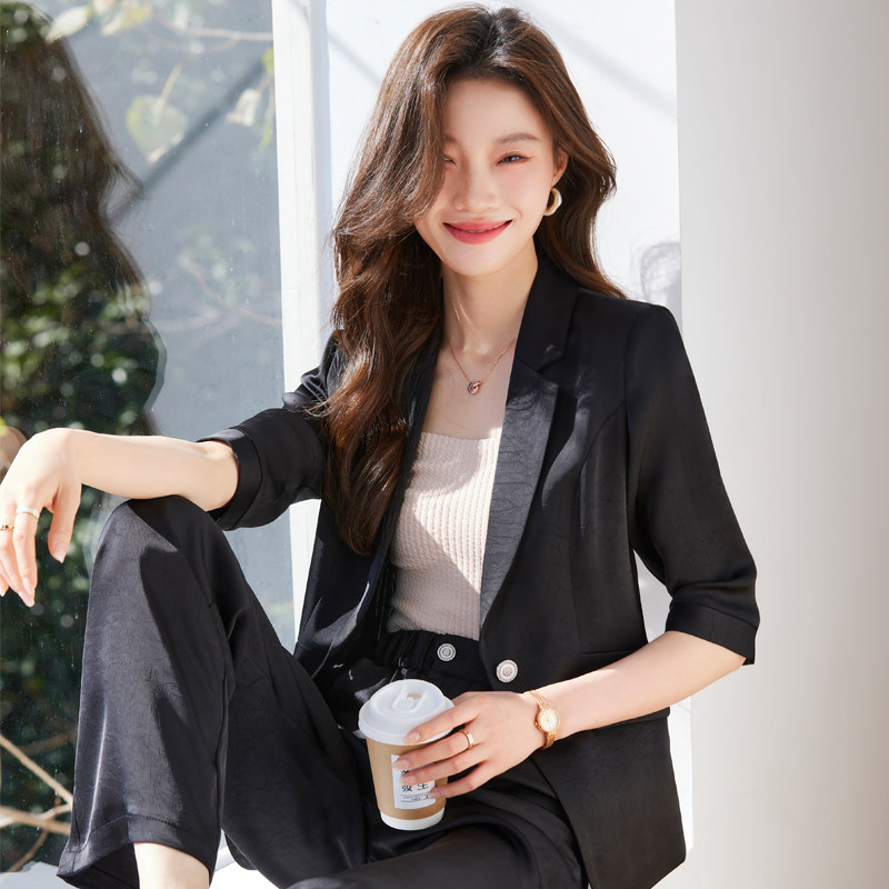 中袖西装套装女夏季薄款2025新款高级感醋酸小西服外套职业工作服