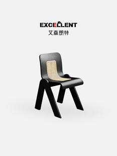 艾森朗特实木餐椅法式家用藤编休闲覆古民宿侘寂中古C餐厅餐桌椅