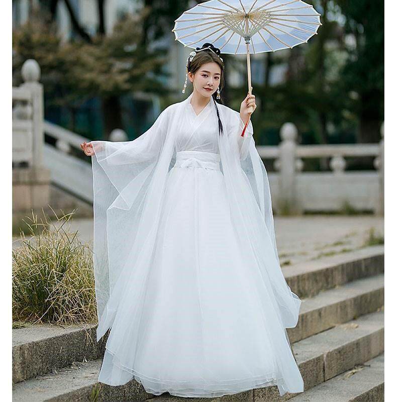 白色改良汉服女古装仙女古筝演出服超仙气古风飘逸广袖流仙裙全套