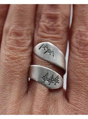 ebay速卖通wish跨境新款镀s925泰银手拉丝山峰绿树森林缠绕戒指