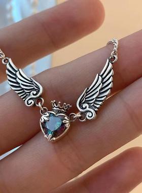 欧美新款复古做旧爱心皇冠翅膀项链独立站跨境节日礼物饰品项链