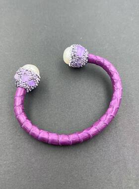 跨境天然巴洛克淡水珍珠镶嵌皮质手镯手环紫色女开口抖音同款