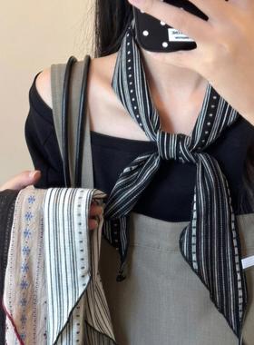 复古文艺条纹棉麻丝巾女出游护颈装饰三角巾系脖领巾日韩百搭围脖