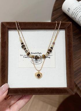 美拉德虎眼石长款叠戴爱心项链女小众毛衣链秋冬日常百搭配饰