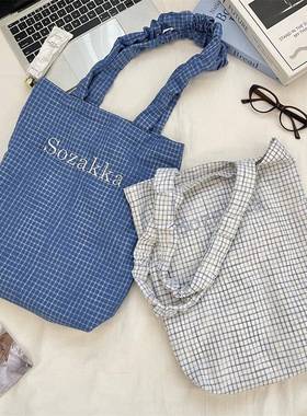 59182韩系甜美帆布包手提袋秋季大容量时尚印花格子撞色单肩包