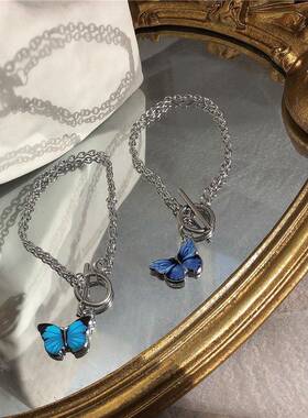 小众设计感韩国蓝色蝴蝶一字扣手链超火情侣闺蜜手镯手饰少女