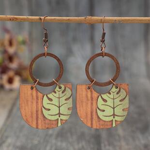 跨境新款复古木质印花树叶印刷木片耳环创意木质耳饰