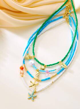 跨境新品简约海螺水晶贝壳米珠项链女多色百搭米珠串珠项链海洋风