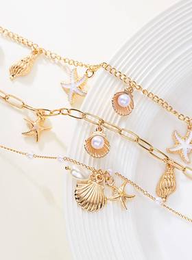亚马逊跨境新款海星海螺贝壳乌龟吊坠项链女沙滩度假风百搭项链夏