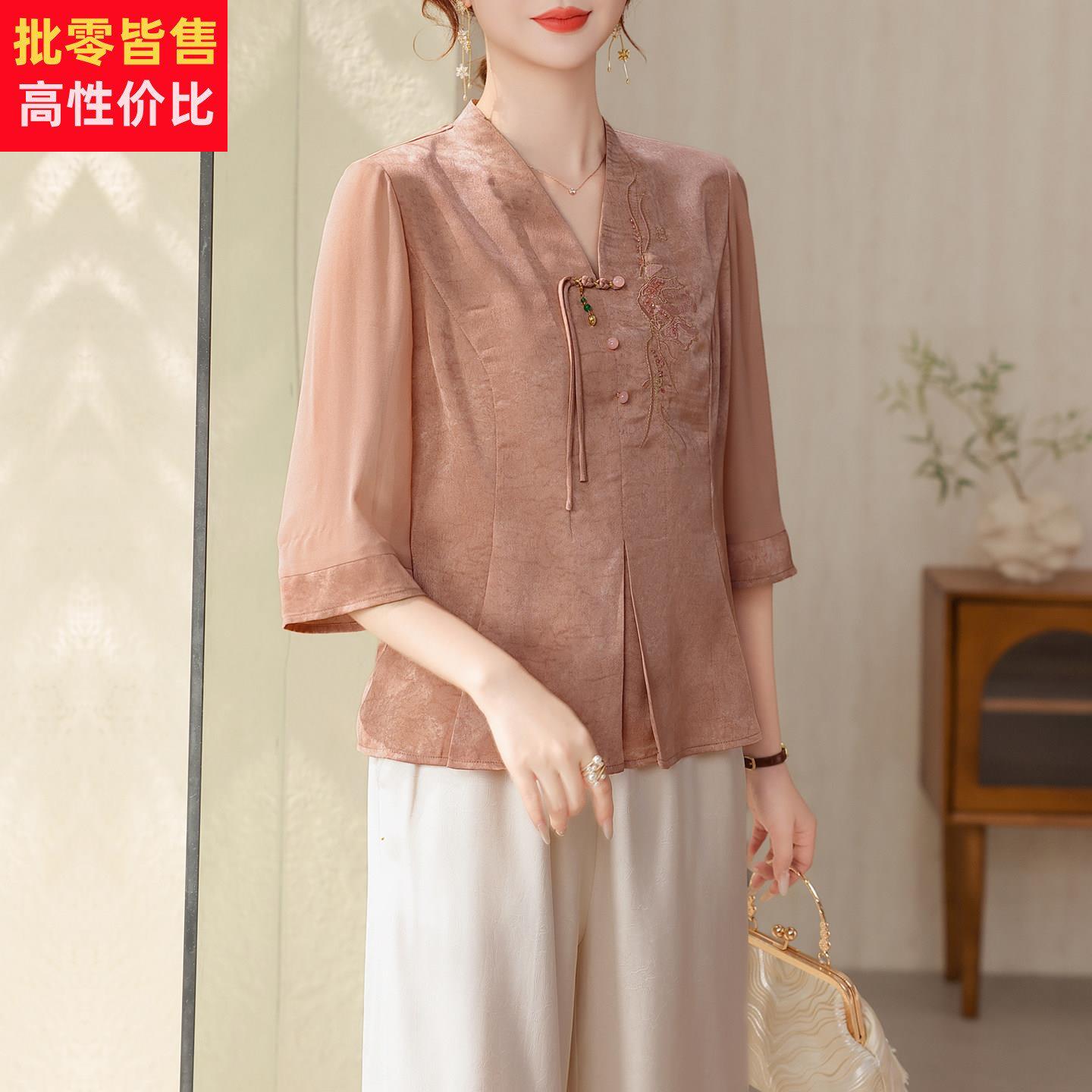 妈妈夏装新中式真丝上衣洋气中老年女2026新款高贵桑蚕丝中袖小衫