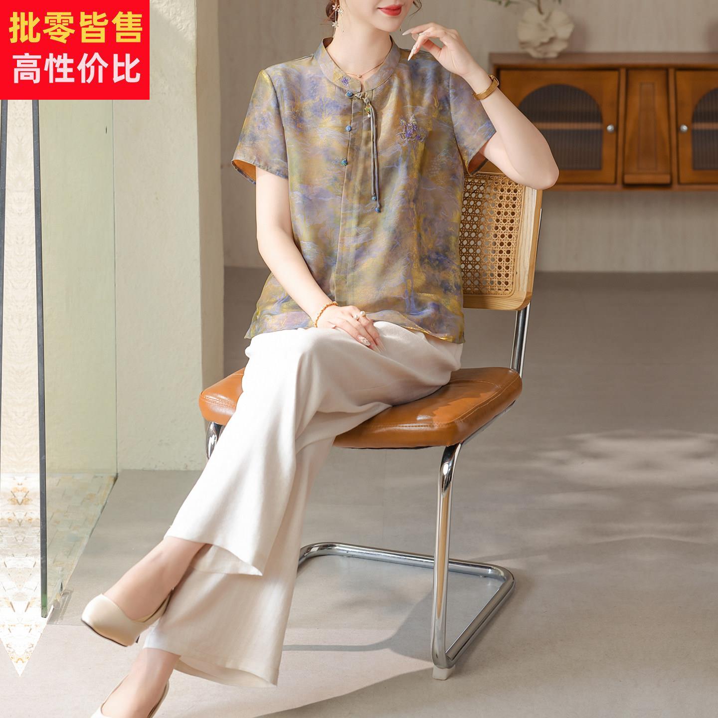 妈妈夏装时尚真丝套装中老年洋派女装国风上衣桑蚕丝短袖两件套