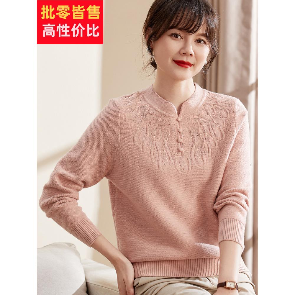 喜卉中老年女装国风针织衫洋气上衣2025秋季新款妈妈装时尚毛衣