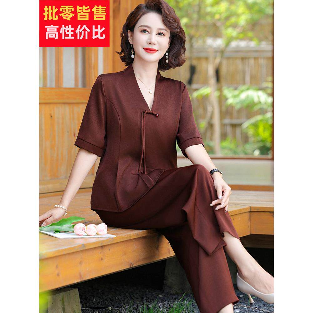 气质中年母亲夏季衬衫女式套头衫短袖民族风格真丝V领纯色上衣套