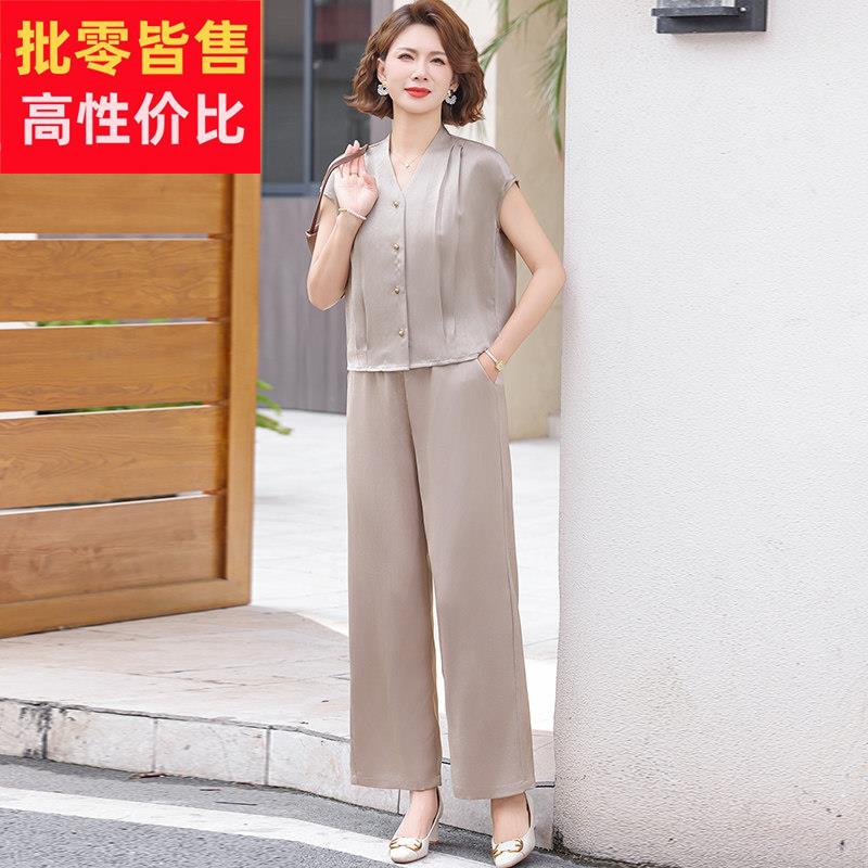 中老年妈妈夏装短袖桑蚕丝衬衫两件套洋派阔太太高贵重磅真丝套装